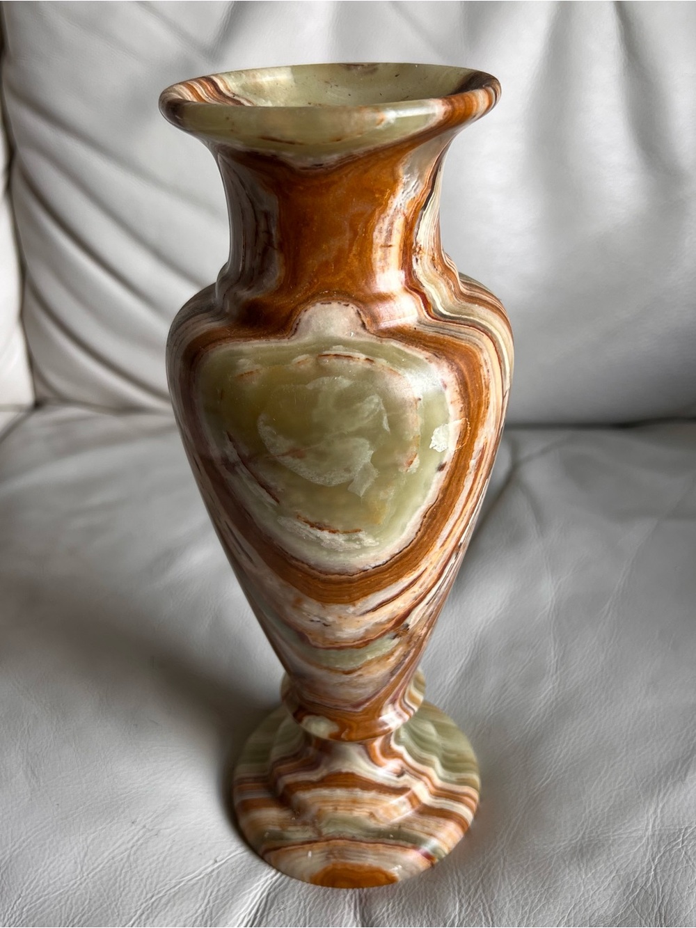 Hand-Carved Onyx Vase in Brown Cream and Green Natural Stone 10”